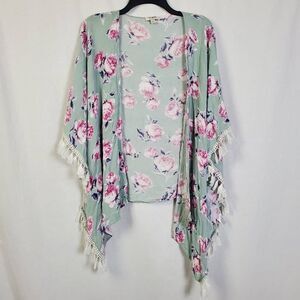 Umgee USA S/M Green Floral Kimono Cardigan Tassel Trim Boho Festival Open Front